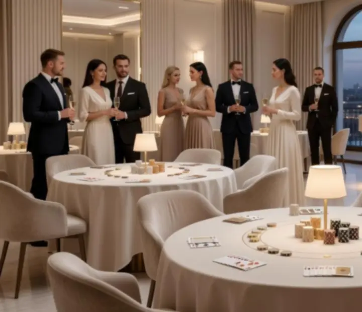 Elegancka aranżacja studia eventowego z tematycznymi stanowiskami gier stołowych
