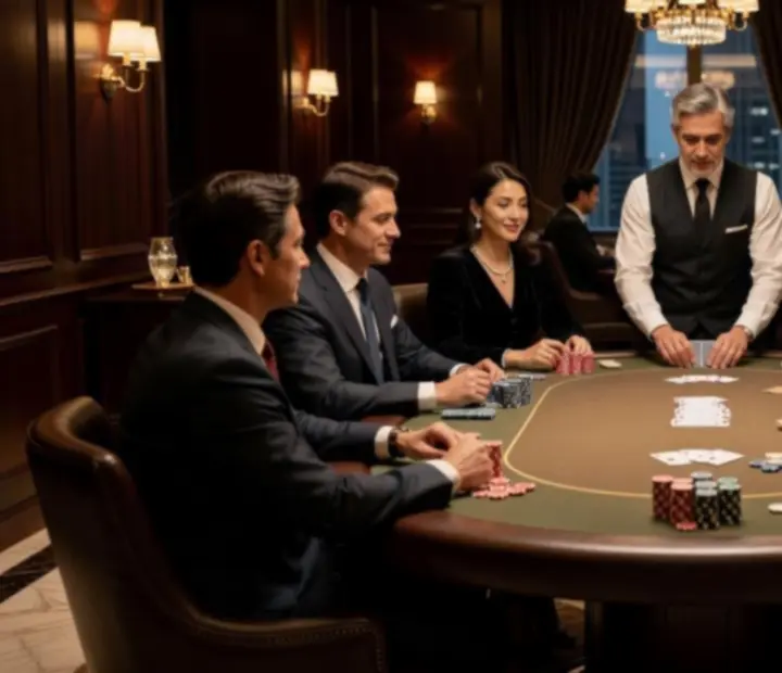 Profesjonalnie przygotowany stół pokerowy podczas eleganckiego wieczoru