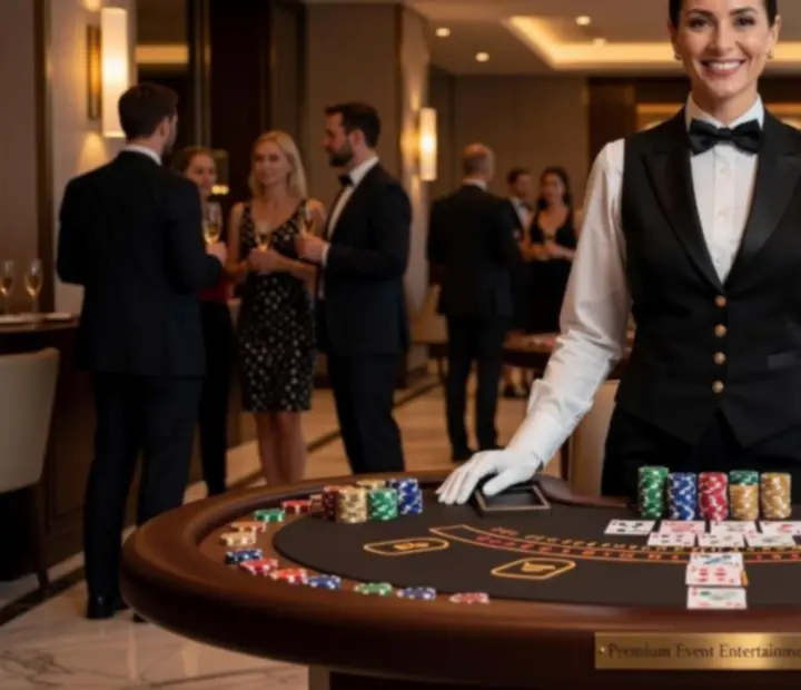 Profesjonalny krupier prowadzący rekreacyjną rozgrywkę przy eleganckim stole podczas eventu